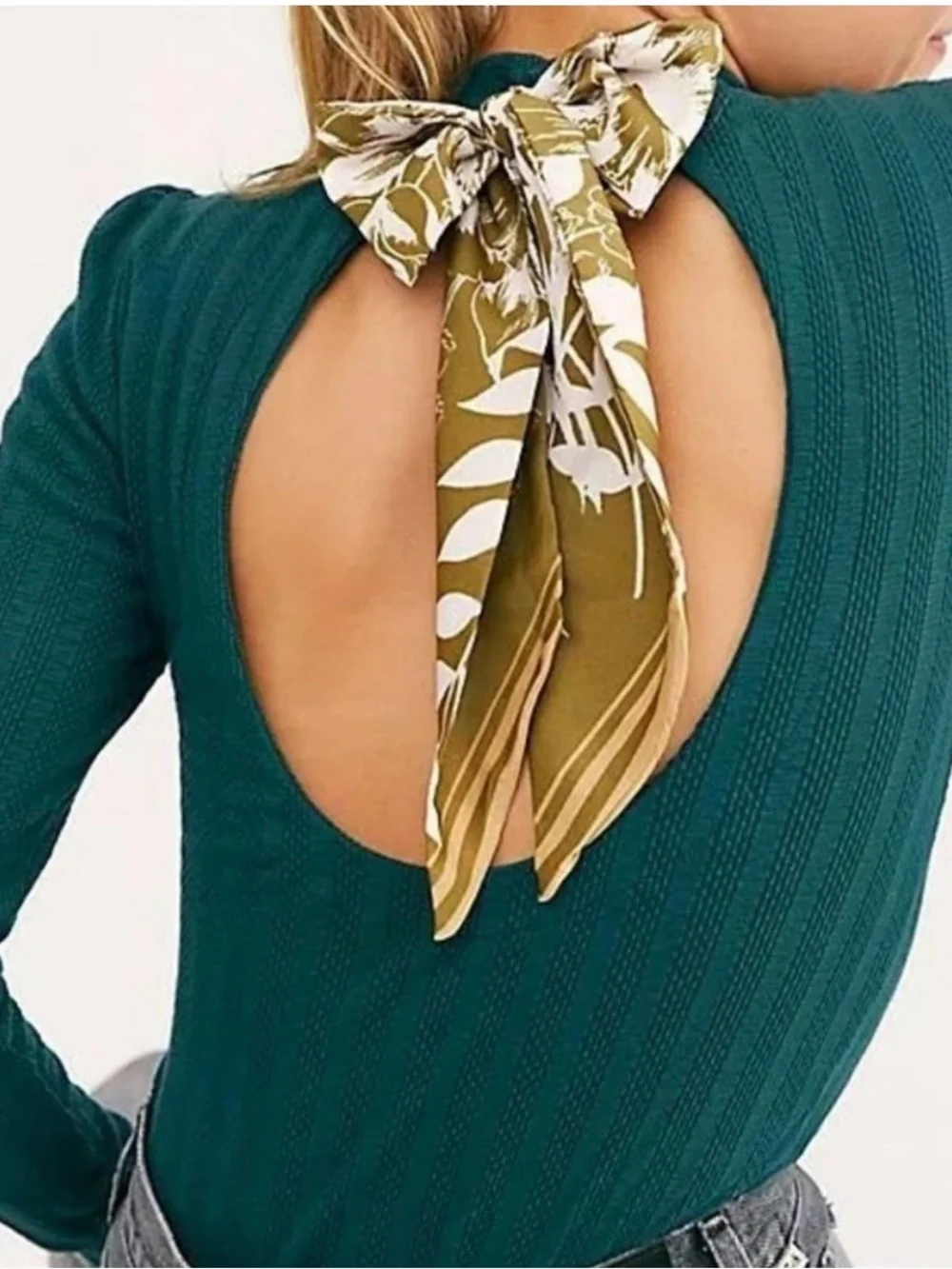 Free People Dream Lagoon Teal Ribbed Long-Sleeve Open-Back Top (Box H)